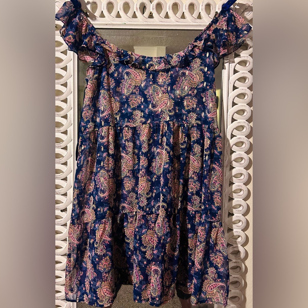 City Studio Sheer Paisley Print Babydoll Dress w Ruffle Sleeves & Neckline